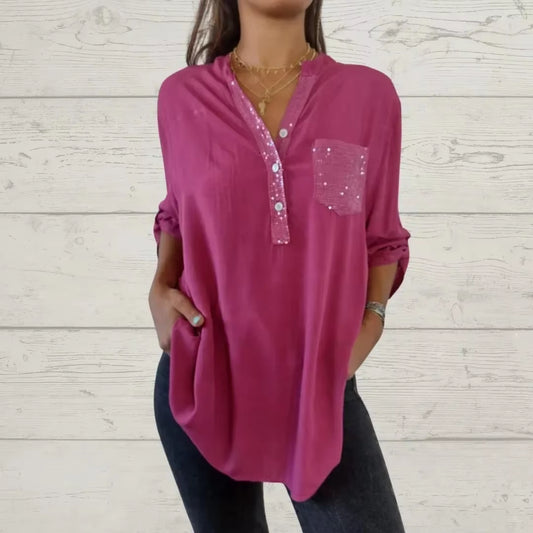 Stylish Cotton V-Neck Sequin Blouse for Women - Casual Summer Top with Full Sleeves and Pocket