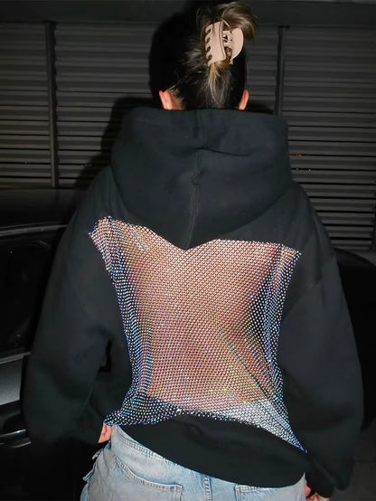 Trendy Hooded Harajuku Sweatshirt for Women - Stylish Backless Pullover with Shiny Mesh Patchwork for Autumn Fashion