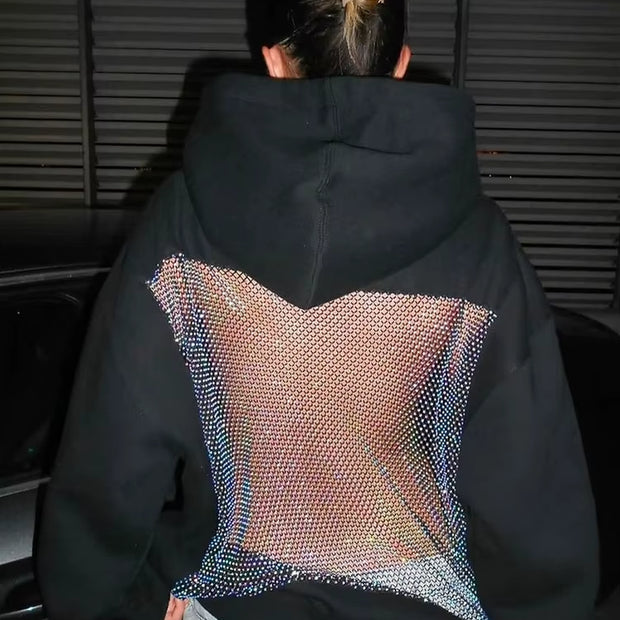 Trendy Hooded Harajuku Sweatshirt for Women - Stylish Backless Pullover with Shiny Mesh Patchwork for Autumn Fashion