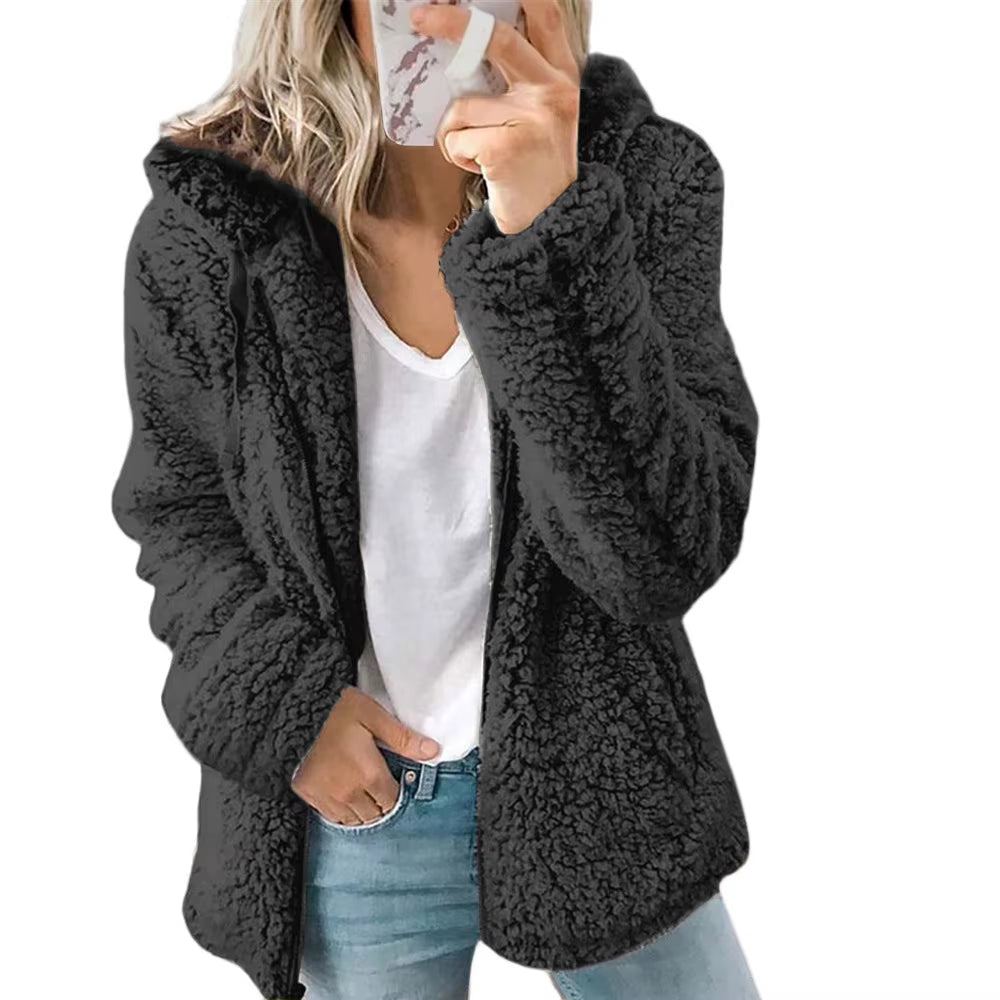 Cozy Winter Plush Hooded Coat for Women - Stylish Zippered Fleece Jacket with Long Sleeves for Autumn/Winter 2025