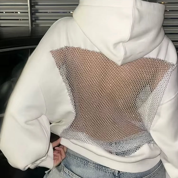 Trendy Hooded Harajuku Sweatshirt for Women - Stylish Backless Pullover with Shiny Mesh Patchwork for Autumn Fashion