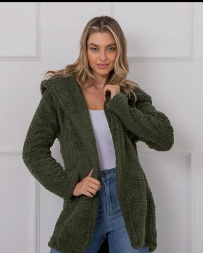 Women's Elegant Hooded Plush Fleece Coat with Zipper - Long Sleeve Winter Jacket for Winter