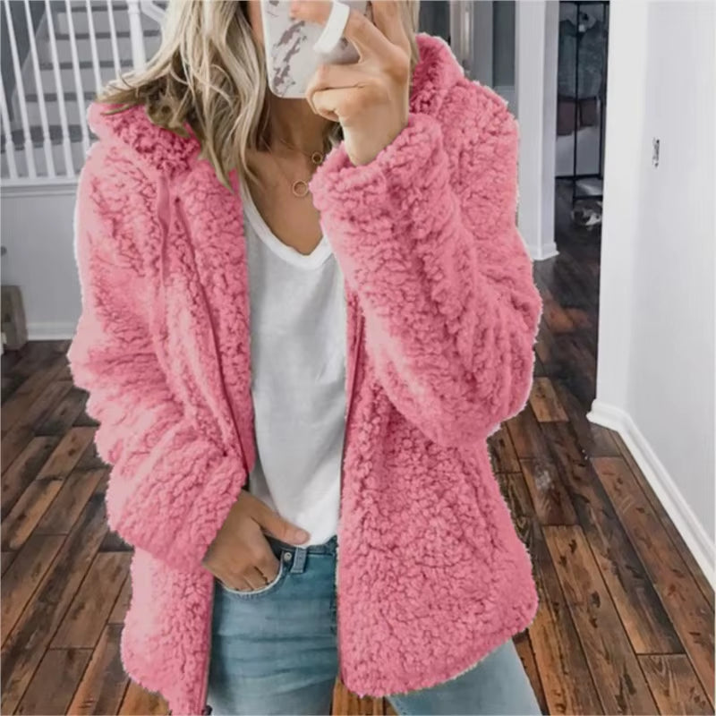 Cozy Winter Plush Hooded Coat for Women - Stylish Zippered Fleece Jacket with Long Sleeves for Autumn/Winter 2025