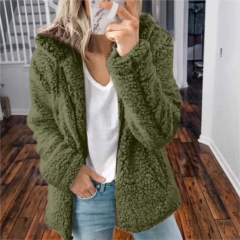 Cozy Winter Plush Hooded Coat for Women - Stylish Zippered Fleece Jacket with Long Sleeves for Autumn/Winter 2025