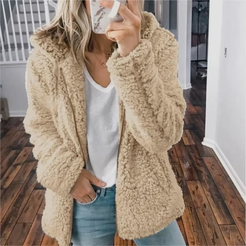 Cozy Winter Plush Hooded Coat for Women - Stylish Zippered Fleece Jacket with Long Sleeves for Autumn/Winter 2025