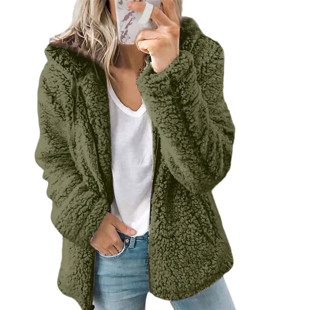 Cozy Winter Plush Hooded Coat for Women - Stylish Zippered Fleece Jacket with Long Sleeves for Autumn/Winter 2025