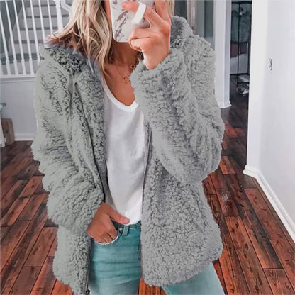 Cozy Winter Plush Hooded Coat for Women - Stylish Zippered Fleece Jacket with Long Sleeves for Autumn/Winter 2025