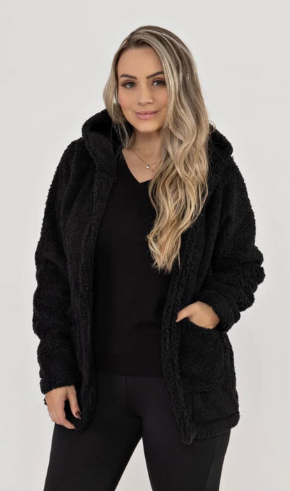 Women's Elegant Hooded Plush Fleece Coat with Zipper - Long Sleeve Winter Jacket for Winter