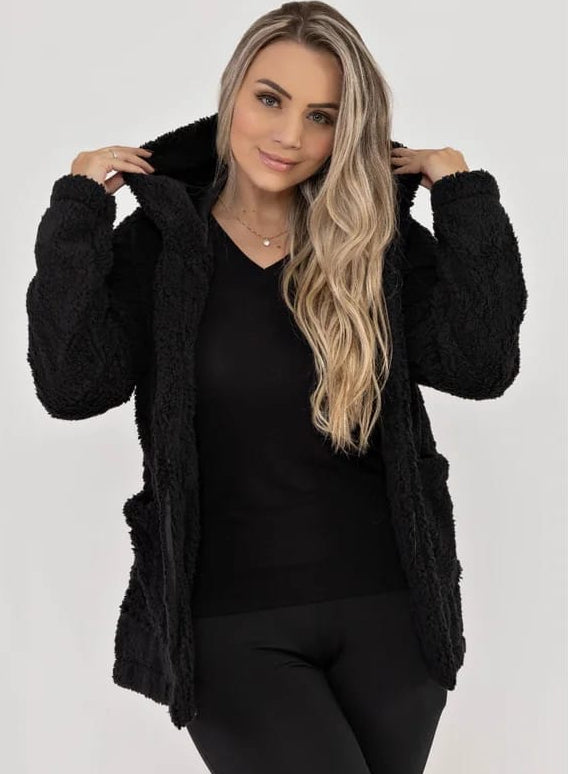 Women's Elegant Hooded Plush Fleece Coat with Zipper - Long Sleeve Winter Jacket for Winter