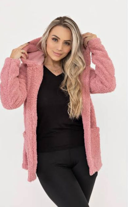 Women's Elegant Hooded Plush Fleece Coat with Zipper - Long Sleeve Winter Jacket for Winter