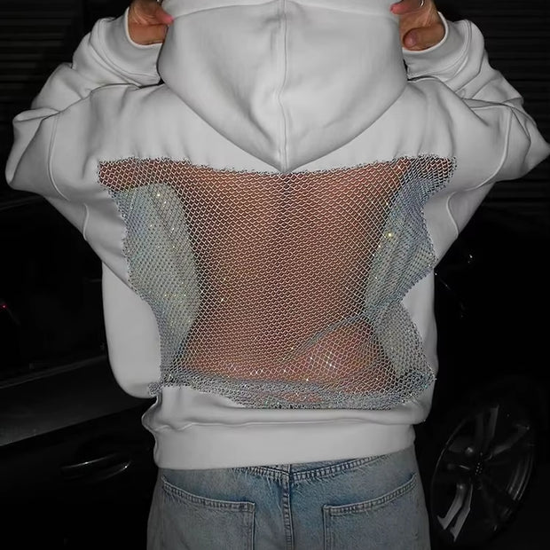 Trendy Hooded Harajuku Sweatshirt for Women - Stylish Backless Pullover with Shiny Mesh Patchwork for Autumn Fashion