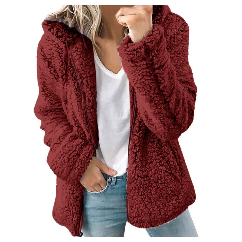 Cozy Winter Plush Hooded Coat for Women - Stylish Zippered Fleece Jacket with Long Sleeves for Autumn/Winter 2025