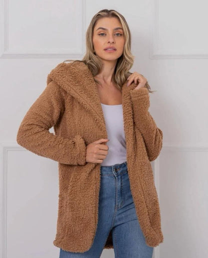 Women's Elegant Hooded Plush Fleece Coat with Zipper - Long Sleeve Winter Jacket for Winter