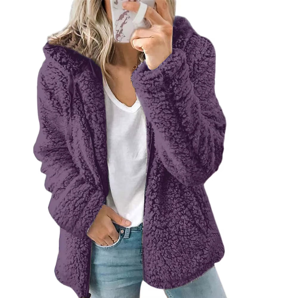 Cozy Winter Plush Hooded Coat for Women - Stylish Zippered Fleece Jacket with Long Sleeves for Autumn/Winter 2025