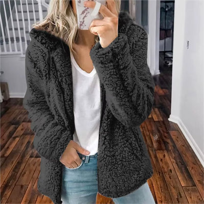 Cozy Winter Plush Hooded Coat for Women - Stylish Zippered Fleece Jacket with Long Sleeves for Autumn/Winter 2025
