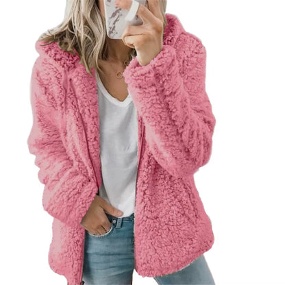 Cozy Winter Plush Hooded Coat for Women - Stylish Zippered Fleece Jacket with Long Sleeves for Autumn/Winter 2025