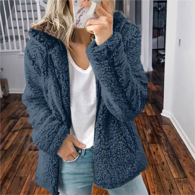 Cozy Winter Plush Hooded Coat for Women - Stylish Zippered Fleece Jacket with Long Sleeves for Autumn/Winter 2025