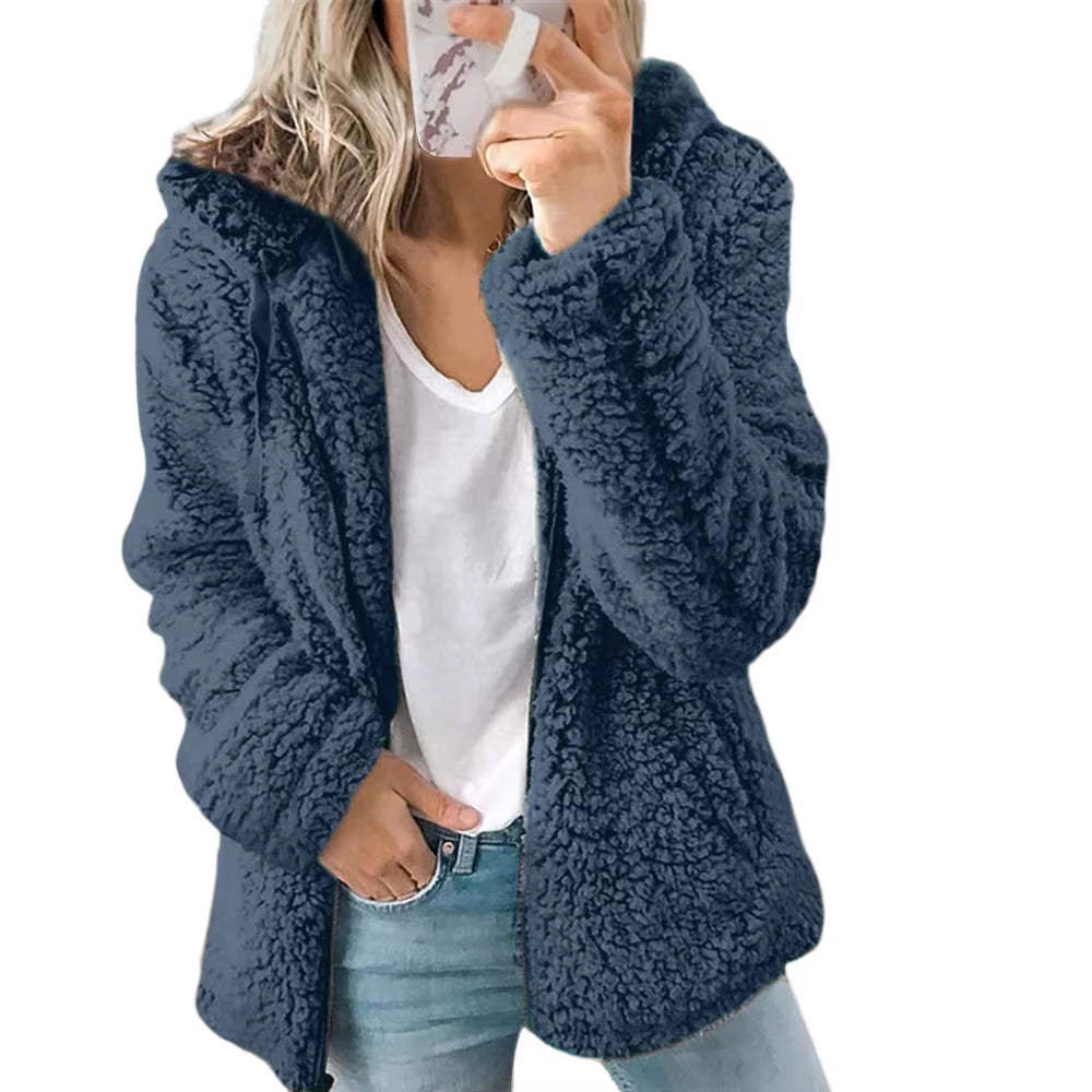 Cozy Winter Plush Hooded Coat for Women - Stylish Zippered Fleece Jacket with Long Sleeves for Autumn/Winter 2025